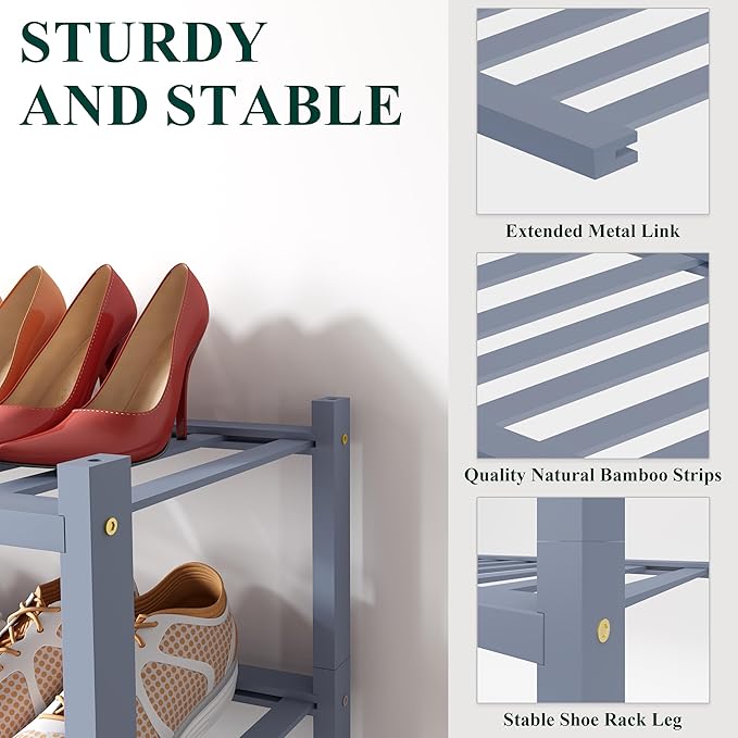 Smiry Bamboo Shoe Rack for Closet, 6 Tier Wooden Stackable Shoe Organizer, Free Standing Shoes Storage Shelf for Entryway, Front Door Entrance, Grey