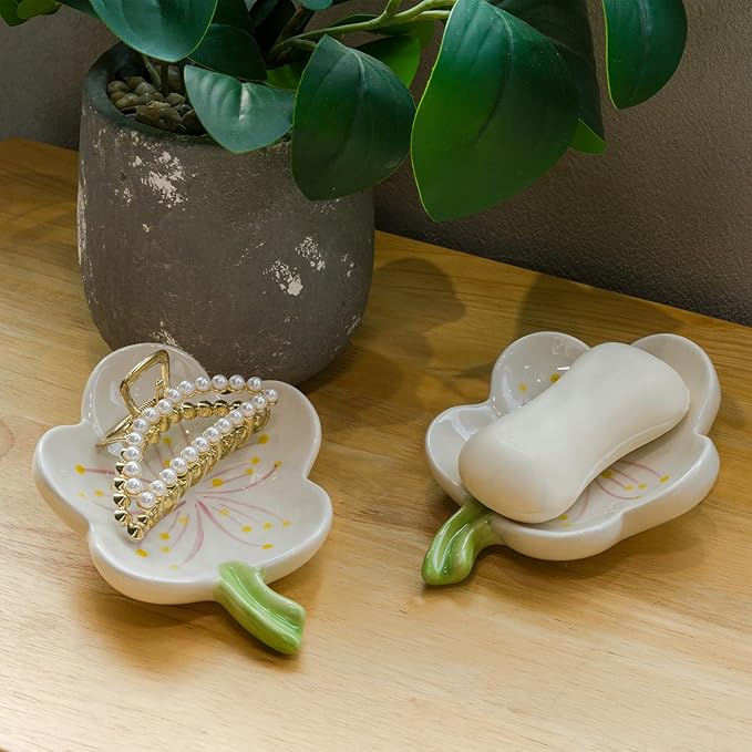Ceramic Soap Dish Holder for Bathroom, Flower Bar Holder for Shower, Easy Cleaning Saver Tray Decoration for Bathroom, Sinks, Kitchen (White)