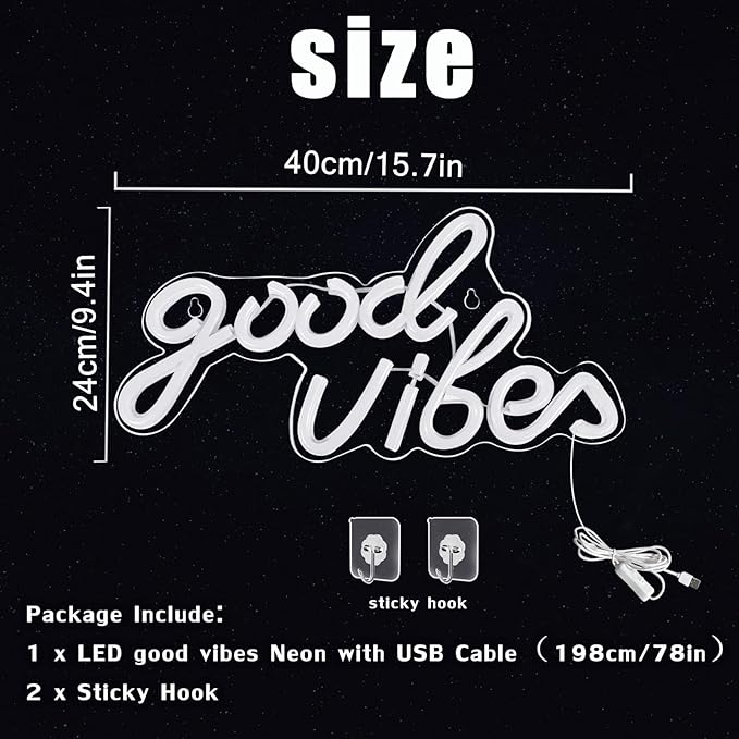 Good Vibes Neon Sign, LED Neon Signs for Wall Decor, White Neon Lights for Bedroom & Party Art Decor, USB Powered Bright Neon Light for Lover, Friends