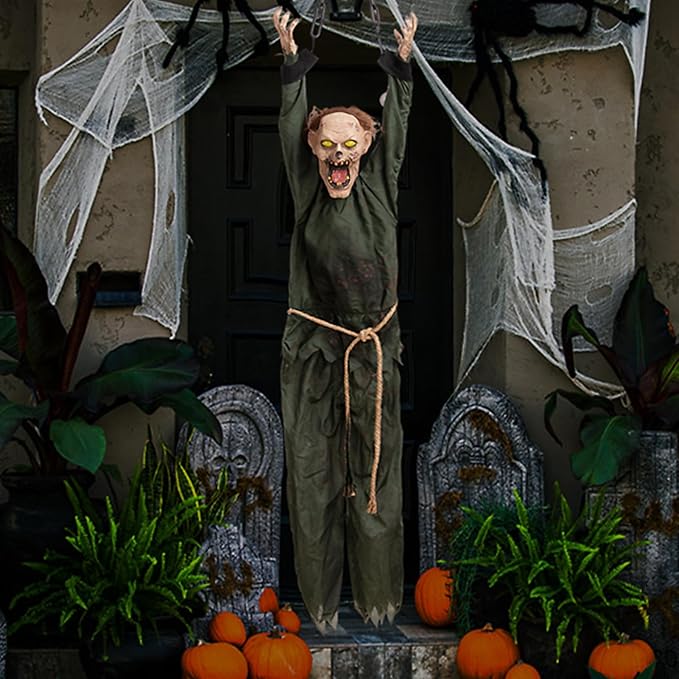 HollyHOME Animated Hanging Zombie Halloween Decoration with Glowing Eyes, Creepy Sound and Shaking Body Halloween Decorations Outdoor Scary Haunted House Prop Decor 60 Inch
