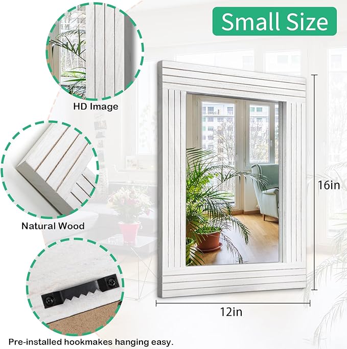 Wood Mirror Rectangular Framed Rustic Vintage Mirrors Decor Farmhouse Bedroom Bathroom Mirror for Dressing Table Entrance Small 16"x12" White