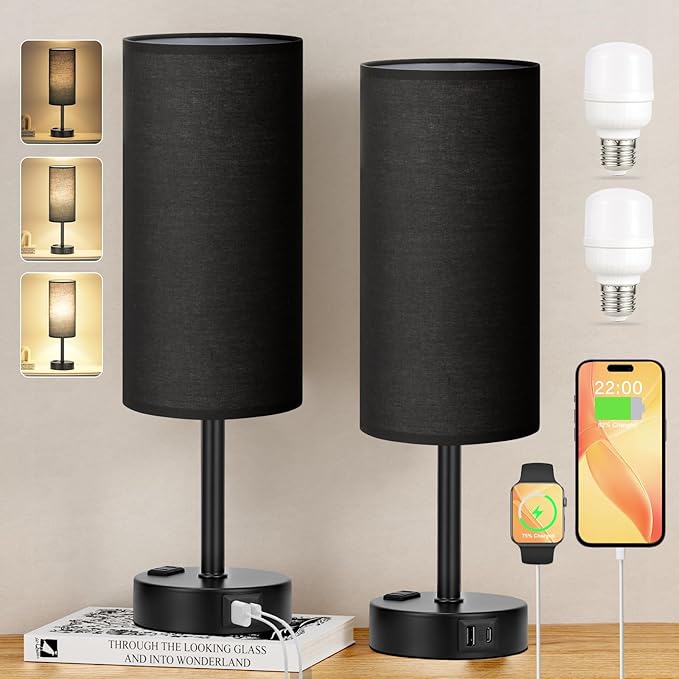 Black Touch Table Lamps Set - 3 Way Dimmable Bedroom Bedside Lamps Set of 2 with USB C and A Ports,Small Lamps for Nightstand with AC Outlet,Round Flaxen Shade for Desk,Office,Dorm,Nursery