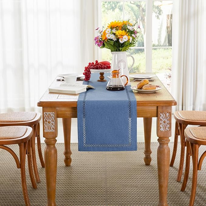Burlap Style Farmhouse Table Runner, 13 x 72 Inch Blue, Rustic Geometric Hollow Table Runners 72 Inches Long for Dresser Table Everyday Use, 13x72 Inches, Blue