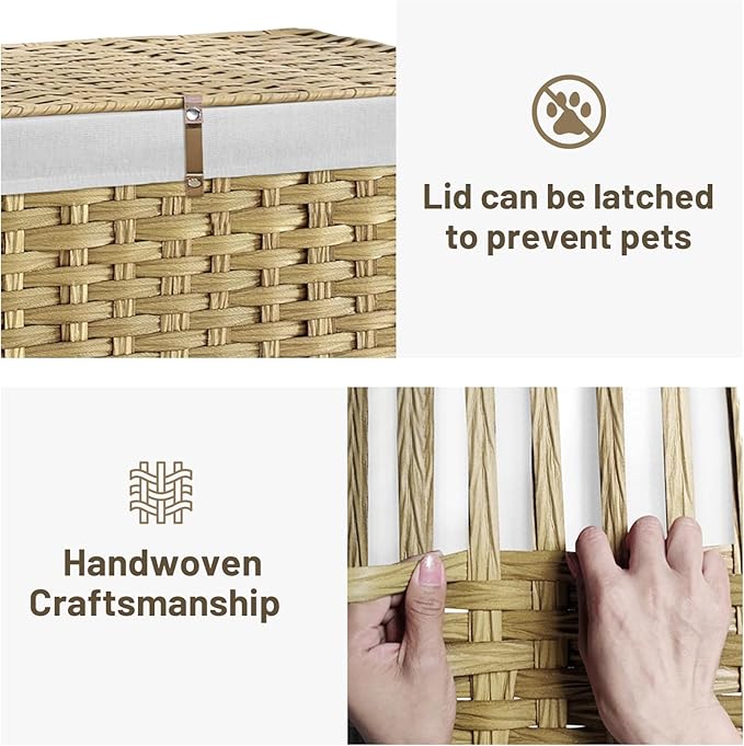 180L Wicker Storage Basket with Lid, Handwoven Rattan Large Shelf Basket with Removable Liner, 47.6 Gallon Wicker Basket for Blanket, Storage Trunk with Handle for Bedroom, Livingroom, Goose Yellow