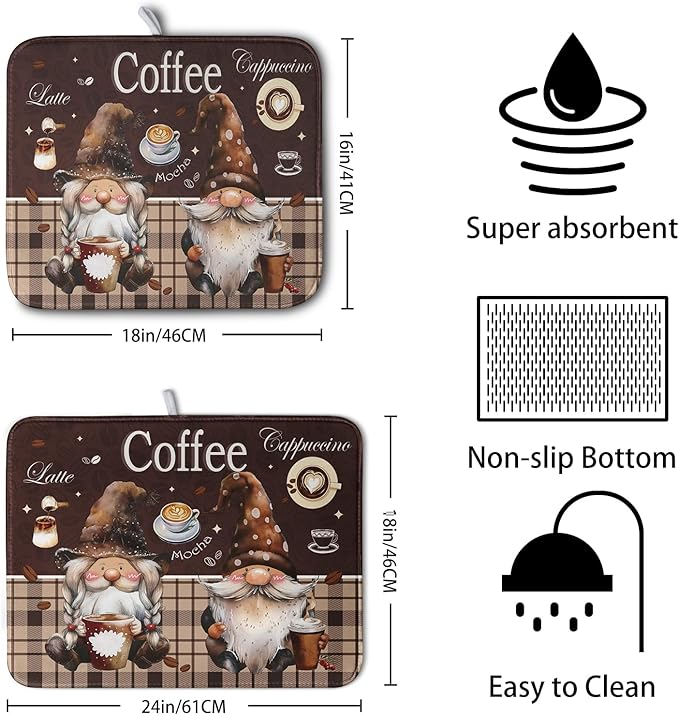 Coffee Gnomes Kitchen Dish Drying Mat for Dishes 16x18 Inch,Coffee Maker Mats for Tabletop,Brown Buffalo Plaid Mocha Coffee Cup Dishes Drainer Mats Super Absorbent Dish Rack Pad for Bar Sinks Counter