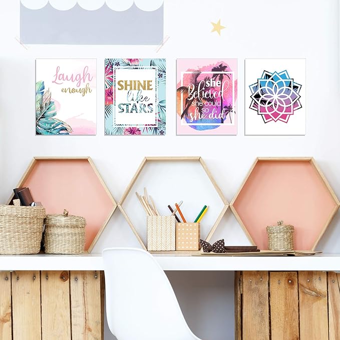 Outus Set of 9 Inspirational Prints Teen Girl Room Wall Art Flamingo Pineapple Leaf Motivational Phrases Posters Girls Bedroom Home Decorations Unframed