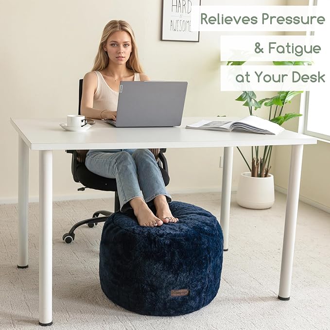 HIGOGOGO Pouf Stuffed Ottoman Round Modern Foam Filled Foot Rest Chair Decorative Poufs 20 x 15 Inches Fluffy Boho Comfy Stool for Living Room, Navy Blue