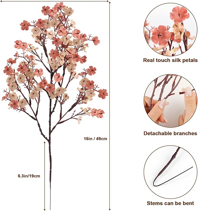 8Pcs Babys Breath Fake Artificial Flowers, Real Touch Light Coffee Color Plants Silk Flowers for Vase Home Office Wedding Spring Winter Indoor Outdoor Centerpiece Table Party Decorations