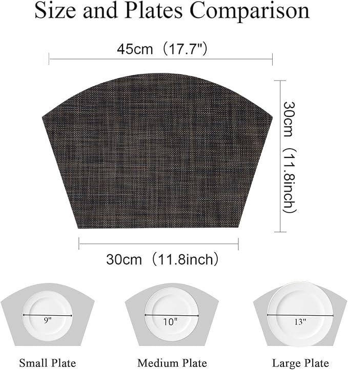 SHACOS Small Wedge Placemats Set of 4 Woven Vinyl Round Table Placemats Wipe Clean Round Table Mats Indoor Outdoor, Black Brown