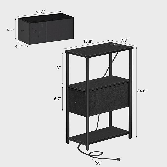 TUTOTAK Small Narrow LED End Table with Charging Station, Side Table Outlets, Nightstand with Cloth Drawer, Set of 2, Couch Table, for Living Room, Bedroom, Bedside, Black TB01BK059
