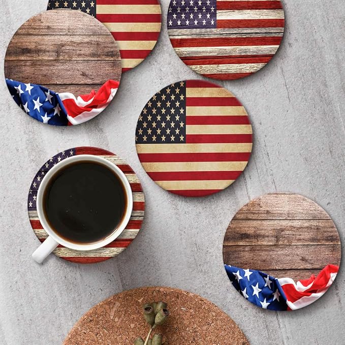 Britimes Coaster for Drinks Set of 6, United States Wooden American Flag Absorbent Round Ceramic Stone Mat, with Cork Base and Metal Holder, Gift for Housewarming Room Bar Decor