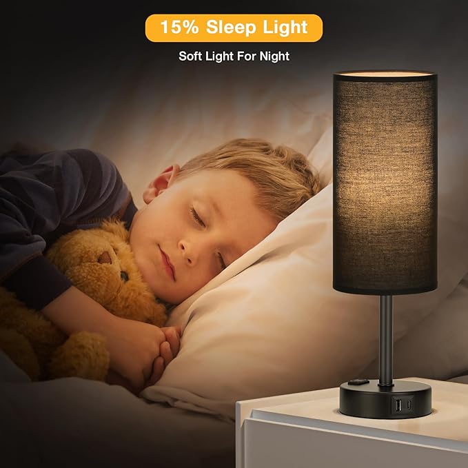 Black Touch Table Lamps Set - 3 Way Dimmable Bedroom Bedside Lamps Set of 2 with USB C and A Ports,Small Lamps for Nightstand with AC Outlet,Round Flaxen Shade for Desk,Office,Dorm,Nursery
