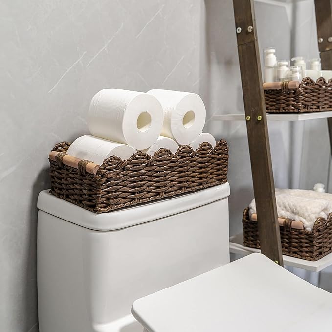 CubesLand PP Wicker Scalloped Edge Floating Shelves Baskets, Toilet Paper Basket for Over Toilet Storage Shelf, Ending Table, Cabinet Organizing and Home Décor, Rattan Basket with Wood Handle,Brown