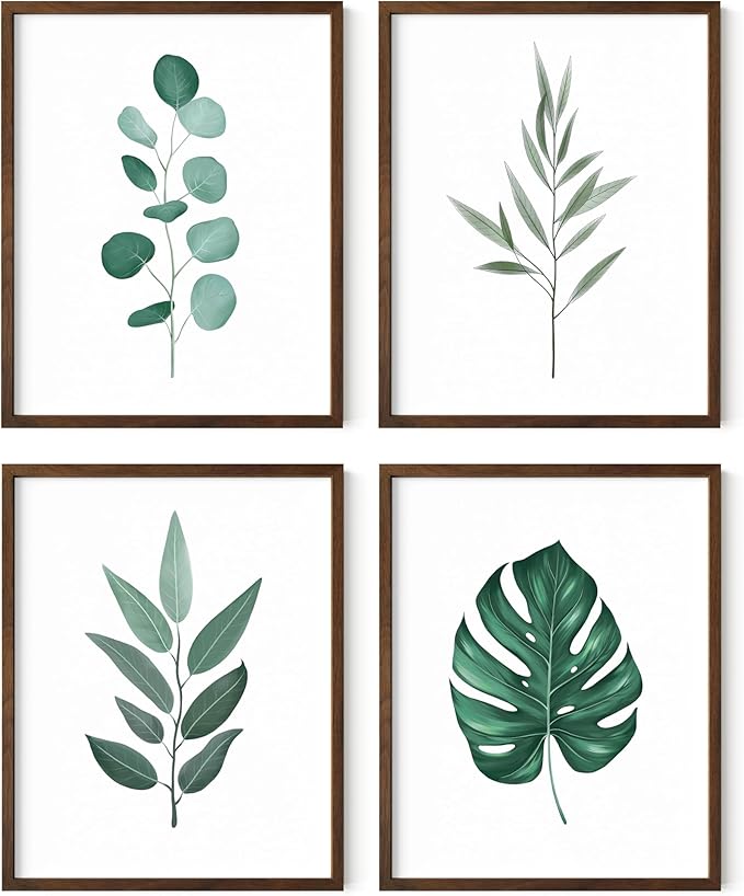 HAUS AND HUES Plant Wall Art - Botanical Prints Wall Art, Green Wall Art Collection Set Plant Pictures Wall Art, Leaves Paintings Minimalist Sage Green Wall Decor (11x14, Framed Walnut)