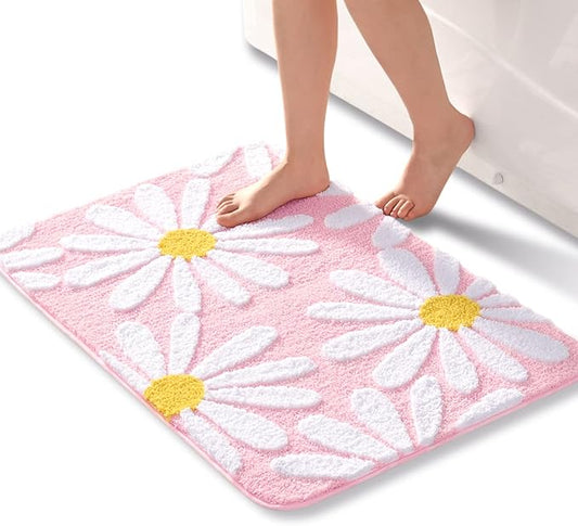 QJHOMO Pink Bathroom Rugs Cute Daisy Bath Mat White and Yellow Flower Decor Rug Non Slip Floor Carpet Microfiber Bathmat Super Absorbent Machine Washable Bathtub Mats for Shower (24x36 inch)