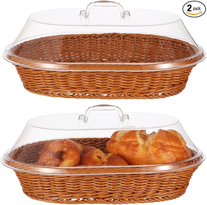 2 PCS Bread Fruit Baskets with Lid - 14 x 10 Inch Wicker Bread Basket with Acrylic Lid, Woven Bread Basket Fruit Tray with Clear Cover, Rattan Food Serving Tray for Home Picnics Bakery Storage