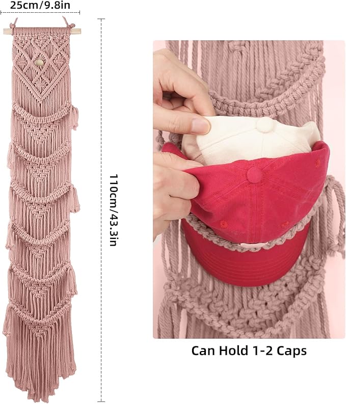 2PCS Macrame Cap Holder Boho Hat Hangers Over Door Decorative Bohemian Handmade Ball Cap Rack Organizer Woven Wall Hanging for Baseball Cap Display Decorations (Rose Pink, Up to 24 Caps)