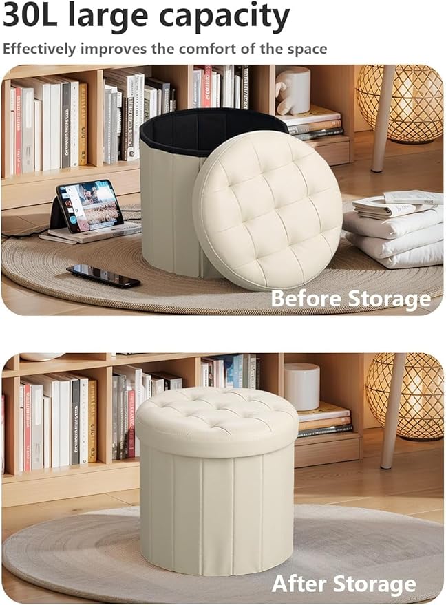 Bsketa® Ottoman with Storage, Foot Rest Stool with Thicker Foam Padded Seat Leather Small Round 14“ x 14” x 13 "Inchs Storage Ottoman Bench for Living Room Foldable Pouf Coffee Table 2 Pack,Beige