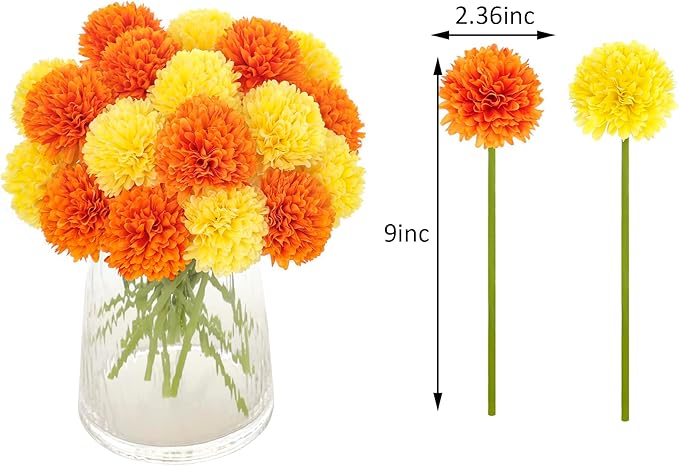 Kimura's Cabin 20Pcs Fake Silk Ball Flower Artificial Chrysanthemum Flowers Fake Mums Bouquets Wedding Arrangements Decor Festival Home Table DIY Decoration Center (Orange Yellow)