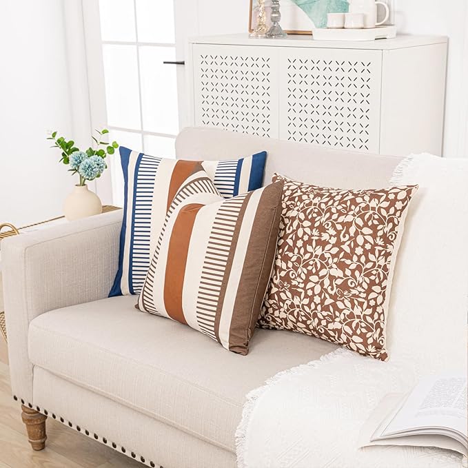 Farmhouse Stripe Pillow Cover 18x18 Boho Accent Cushion Case Faux Leather Decorative Pillowcase,Cocoa Brown and Beige (Cover ONLY, Pack of 2)