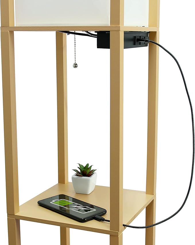 Simple Designs LF1037-TAN Floor Lamp Etagere Organizer Storage Shelf with 2 USB Charging Ports, 1 Charging Outlet and Linen Shade, Tan