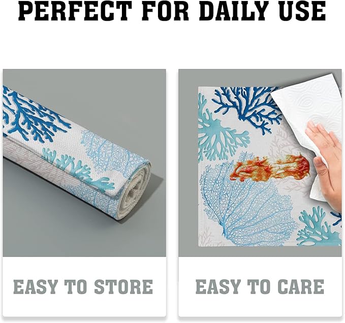 Giwawa Ocean Coral Placemats Set of 4 Summer Blue White Coral Reef Linen Table Place Mat Nautical Sea Marine Seaweed Heat-Resistant Place Mats for Dining Kitchen 12"x18"