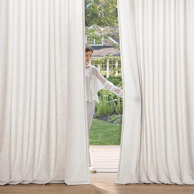 MIULEE Non-See-Through Privacy Linen Curtains 2 Panels, Light Filtering Window Curtains Farnhouse Textured Back Tab Semi Sheer Drapes for Bedroom Living Room, 52 x 63 Inches Long, White