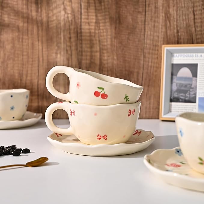 Koythin Ceramic Coffee Mug with Saucers, Handmade Flowers Mugs, Cute Cup for Girl Women, Aesthetic Tea Milk Cup with Handle, 8.5 oz/250 ml for Latte, Cocoa, Office, Home (Rose Blue Flower)