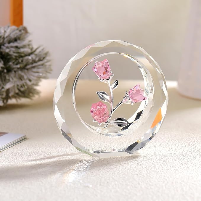 Crystal Pink Roses Bouquet Figurines, Glass Rose Flowers Romantic Gifts for Her Women - Crystal Forever Rose Flower Decor for Valentines Mothers Day Anniversary