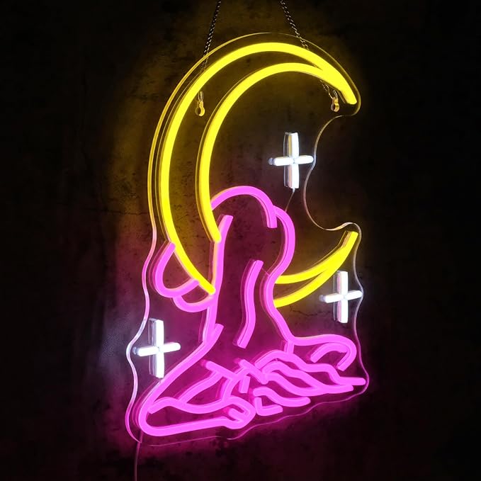 Moon Lady Neon Sign for Wall Decor Dimmable Woman Led Lights Signs Pink Yellow Led Signs for Bedroom decor Neon Light for Bar Party Salon Decoration for Girls' Birthday Gift