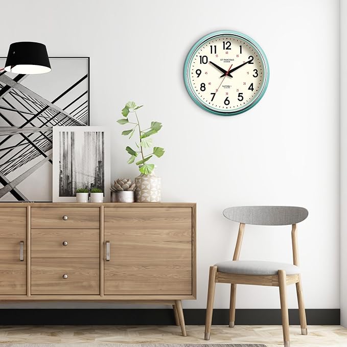 Wall Clock Metal 12.4" Vintage Retro Wall Clocks Countryside Style Silent Non Ticking Easy to Read for Living Room, Kitchen, Bedroom, Office, Bar(12.4" Teal)