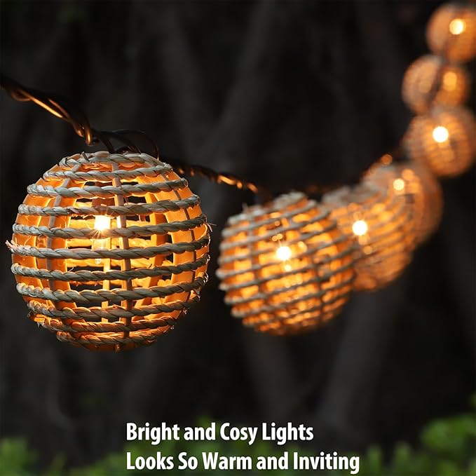 Decorative Outdoor Patio String Lights, Seagrass Rattan Wire Ball Style Lantern String Lights, Connectable Weatherproof Indoor Outdoor Globe Boho String Light for Home Pergola Garden Party Backyard