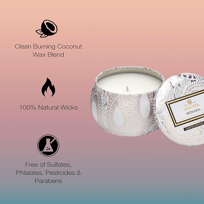 Voluspa Mokara, Mini Tin Candle, 4 Ounce, 25 Hour Burn Time, Coconut Wax for Clean Burning, Handcrafted in The USA