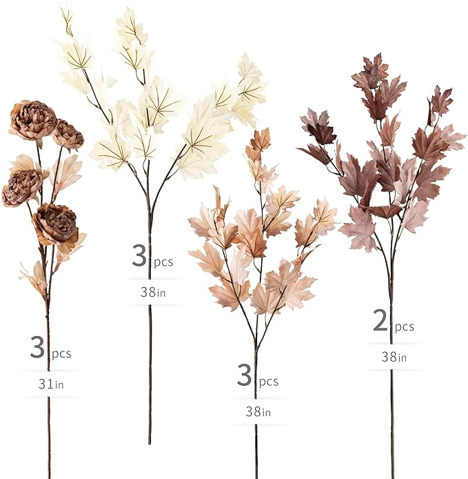 MISSPIN 11 Pack 38 inch Artificial Fall Maple Leaf Stems, Beige Maple Leaf Fall Branches for Vases Centerpieces Autumn Harvest Festival and Thanksgiving Day