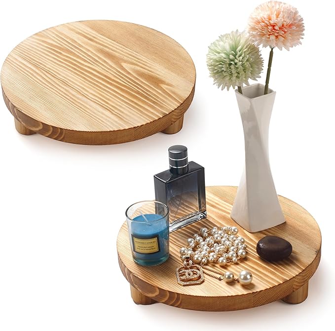 Wood Riser for Decor, 2 Pack Wood Pedestal Stand for Display, Round Wooden Tray for Kitchen Counter, Wooden Pedestal Stand for Plant Pot Indoor