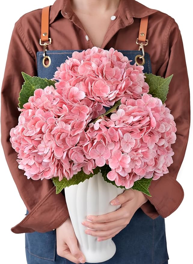 Real Touch Pink Hydrangea Artificial Flowers,3Pcs 21” Large Royal Faux Silk Flowers, Fake Artificial Hydrangeas for Christmas Kitchen Home Wedding Bouquet Centerpieces Tables