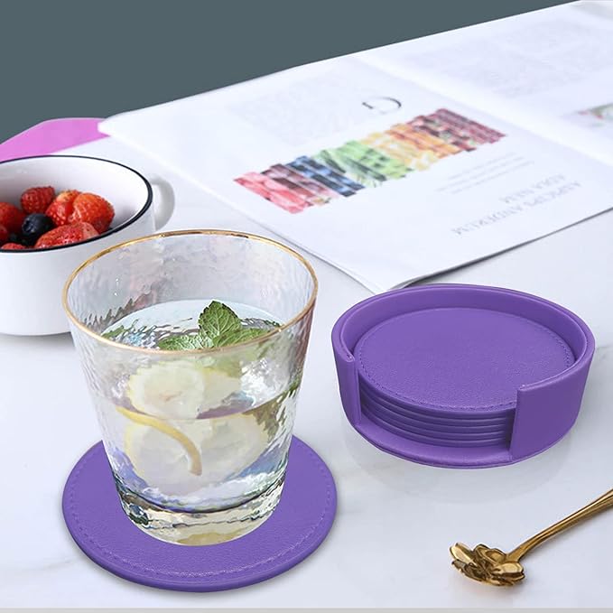 Coasters Set of 6 Soft Leather Drink Coaster Round Coaster with Sewing Around, Suitable for Various Cups, Wooden Tables,Home Decoration,4 Inches (Dark Purple,Sewing Type)