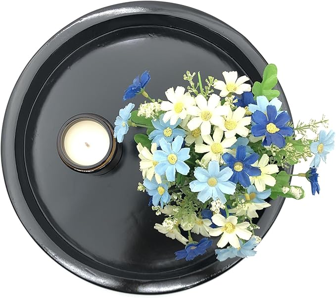 Carah & Cossh Round Wooden Tray, Black Round Decorative Wood Tray, Round Modern Decorative Tray, Perfect for Storage and Display (Black)