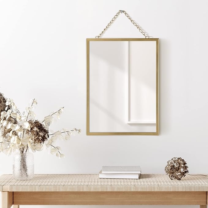 Gold Hanging Mirror with Chain, 12 x 16 Inch Rustic Wall Decor for Bathroom, Entry, Dining Room, and Living Room. Metal Rectangle Vanity Mirror, Decorative Mirror.
