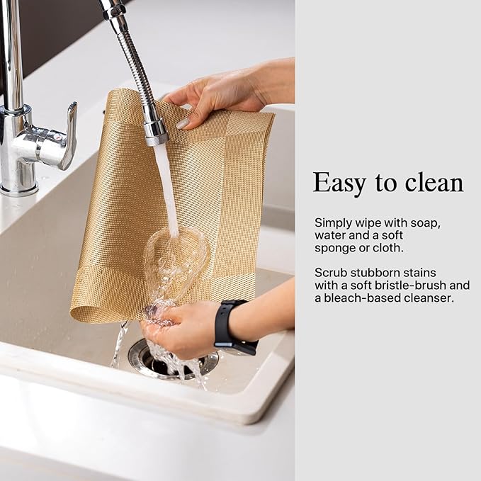 Placemats Set of 12 - Easy Clean Woven Vinyl Placemats for Dining Table, Indoor/Outdoor Place Mats, Washable PVC Table Mats(Gold Cube)