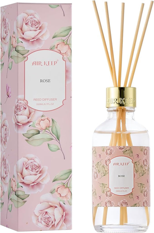 Airkeep Reed Diffuser Oil Set with Reed Sticks,Rose Aromatherapy Oil Scent Diffuser for Home Office Bathroom Decoration Perfume and Gifts 200ml/6.76 oz