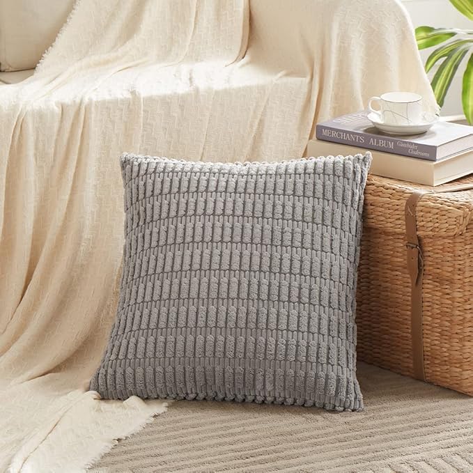 Fancy Homi 4 Packs Grey Decorative Throw Pillow Covers 26x26 Inch for Living Room Couch Bed, Rustic Modern Farmhouse Boho Home Decor, Soft Plush Corduroy Gray Cute Square Accent Cushion Case 66x66 cm