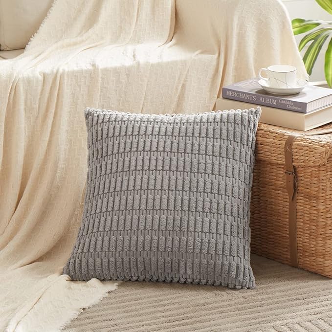 Fancy Homi 4 Packs Grey Decorative Throw Pillow Covers 20x20 Inch for Living Room Couch Bed Sofa, Modern Farmhouse Boho Home Decor, Soft Plush Corduroy Gray Square Cute Accent Cushion Case 50x50 cm