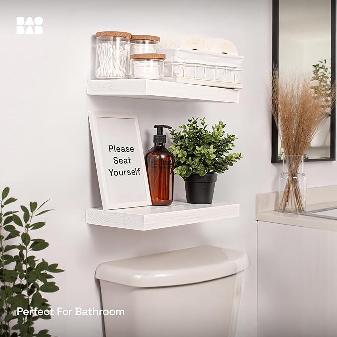 BAOBAB WORKSHOP Wood Floating Shelves for Wall White - Bathroom Floating Shelves White - Small Wall Mounted Shelf White for Bedroom Kitchen Living Room - 16D x 6.7W Inch, Set of 2