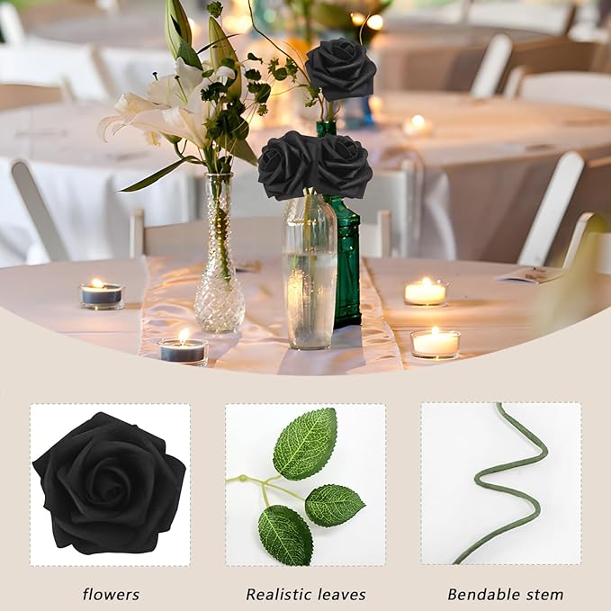 100PCS Black Artificial Flowers Roses Real Looking Foam Fake Roses with Leaves and for DIY Wedding Bouquets Bridal Shower Centerpieces Party Decorations (Black, 100)