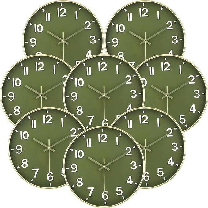 Inbagi 8 Pcs Wall Clock Large Silent Battery Operated Wall Clocks Modern Non Ticking Wall Clocks Bulk Decorative for Kitchen Office Living Room Home Bathroom Bedroom Classroom (Green,12 Inch)