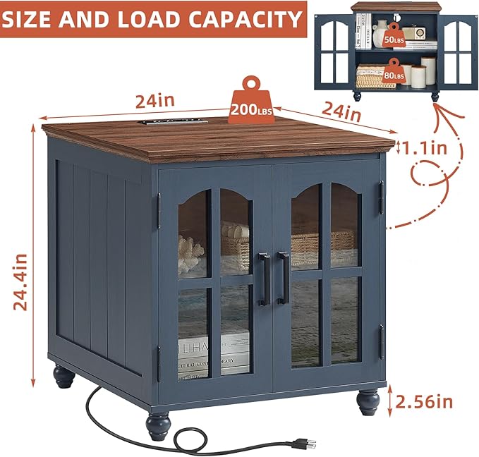 Farmhouse End Table Set of 3 with Charging Station, 18'' Narrow Side Table and 24" Large Sofa Side Table with Glass Barn Door Storage, Wood Night Stand Bedside Table for Living Room,Bedroom