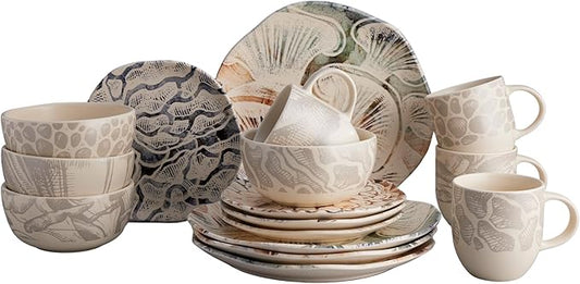 Corona 16–piece Earth Tones Fungi Mushroom Design Ceramic Dinnerware Sets | Plates Bowls and Mugs Set | Service For 4 | Ziba