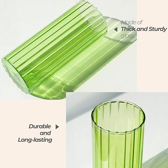 ComSaf Glass Cylinder Vases, Bud Vase for Centerpieces, 8 Inch Tall Ribbed Vase Hurricane Floating Candle Holder, Decorative Flower Vases for Wedding Reception, Home Decor, Housewarming Gift (Green)