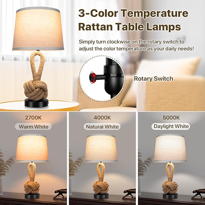 22" Rope Lamps for Night Stands, Bedside Lamps Set of 2, Boho Table Lamps for Living Room End Tables, 3-Color Temperatures Boho Lamp with Rotary Switch, Rattan Lamp with USB Ports, Bulbs Included